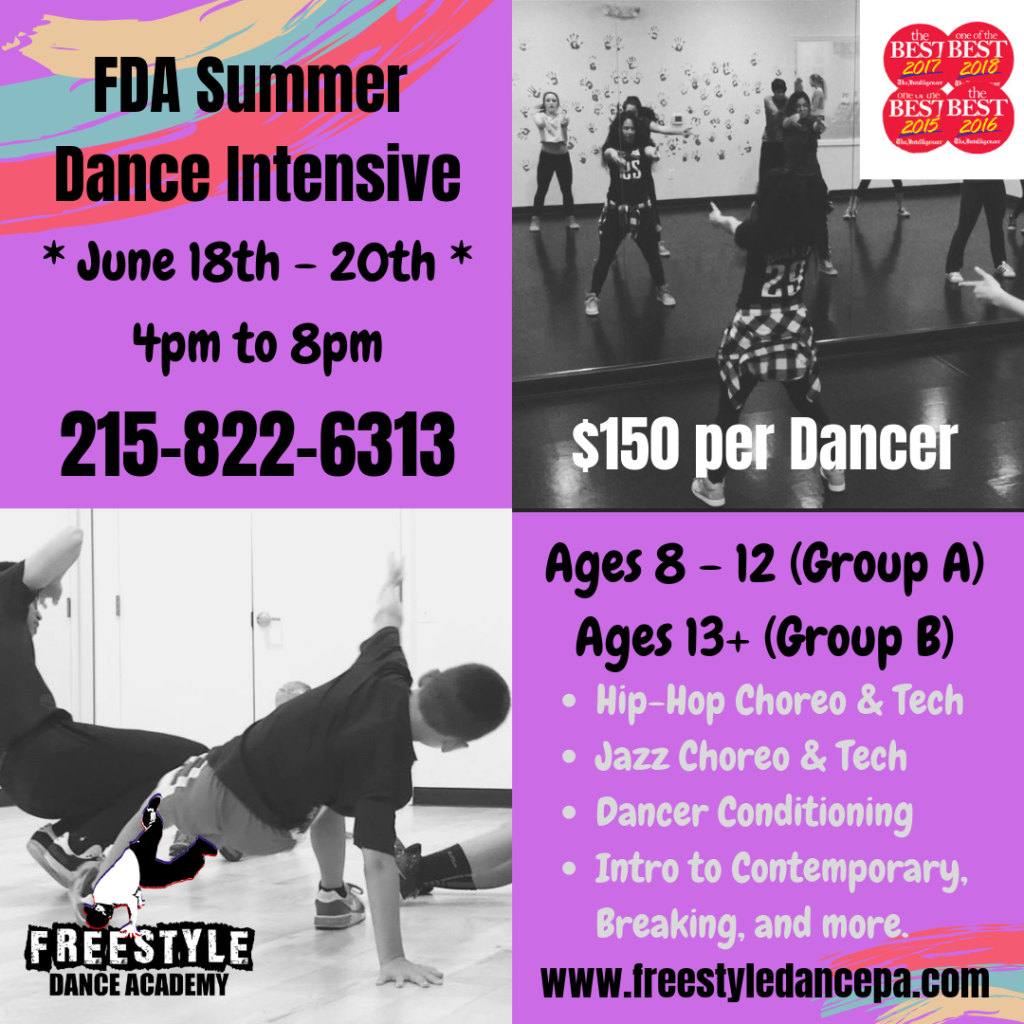 Freestyle Dance Academy, Best of Bucks, dance, dance class, dance studio, dance team, Warrington, Chalfont, Doylestown, hip-hop, jazz, tap, ballet, contemporary, musical theater, breakdancing, summer, dance class